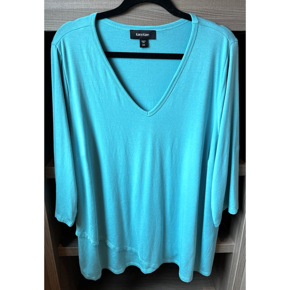 Karen Kane Knit Top 2XL Turquoise 3/4 Sleeve V-Neck Tulip Hem Tunic Stretchy USA - Picture 2 of 8